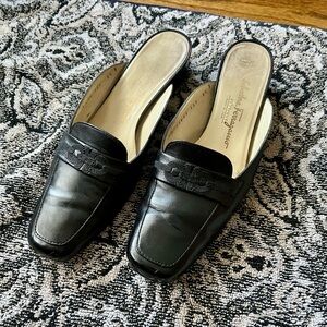 Salvatore Ferragamo Leather Slides/Mules, Black, 6.5